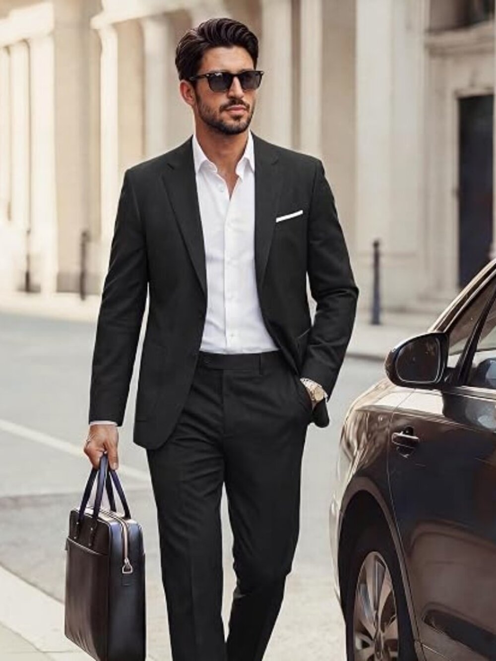 Men's Black 2-Piece Suit Classic Fit M 38-40 Jacket 34W Pants PJ Paul Jones -NEW
